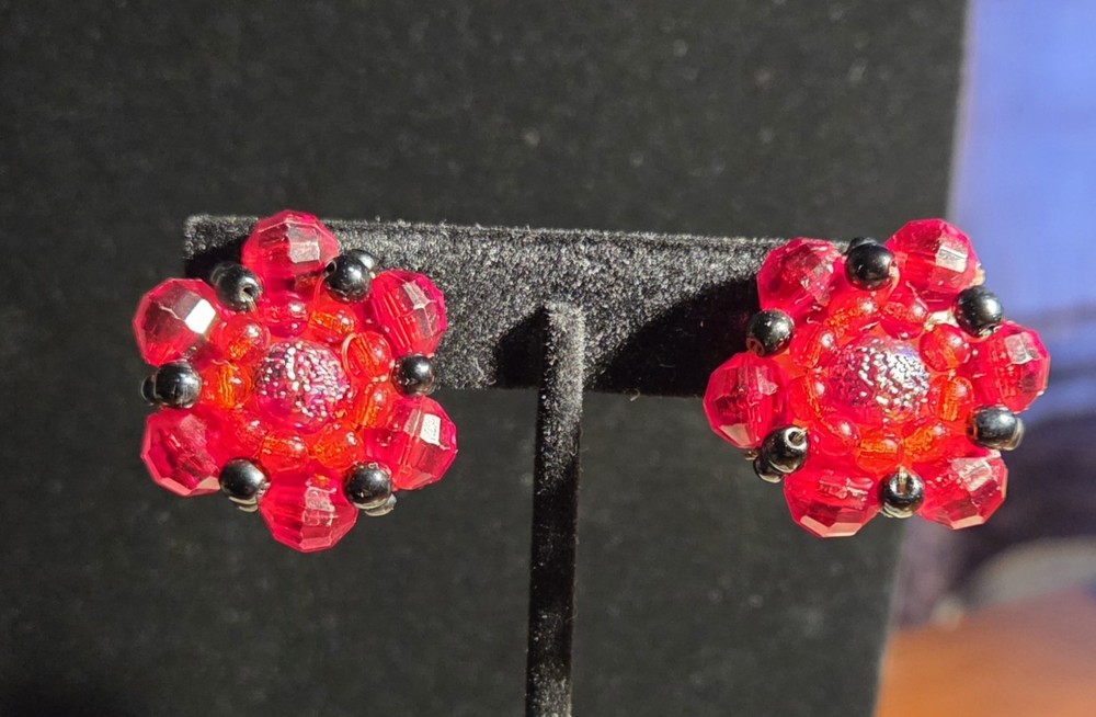 Vintage Signed Western Germany Strung Red Glass Bead Cluster Clip On Earrings