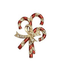 Monet Red Enamel Clear Rhinestone Candy Canes Bow Brooch Pin Signed, L836