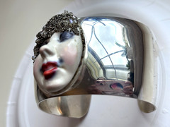 OOAK Clay Art Face Bracelet Cuff Silver-tone Metal VTG 1990s Iridescent Beads