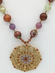 Vintage Graziano Mandala Pendant Necklace Cloisonne Beads Gold tone Statement
