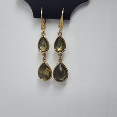 Vintage Drop Earrings Women Gold Tone Smoky Glass Teardrop Art Deco Leverback