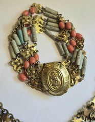 Vintage Egyptian Revival Faience Style Bib Necklace & Bracelet Brass Tone READ