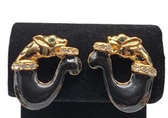 Jackie Collins Rare Clip On Earrings Figural Cougar Loop Black Enamel Rhinestone