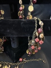 Red Orange Copper Gold Dangle Bib Necklace Bracelet Belt Vintage U Design Jewel