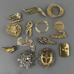 Vintage Brooch Pin Lot 14 Gold Tone Avon AJC Floral Mixed Costume
