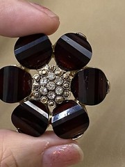 Gold Tone Red CZ & Rhinestone Flower Gardenia Flower Brooch Pin Nature Garden