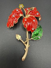 HUGE Flower Brooch Pin Gold Tone Rhinestone Red Enamel J20