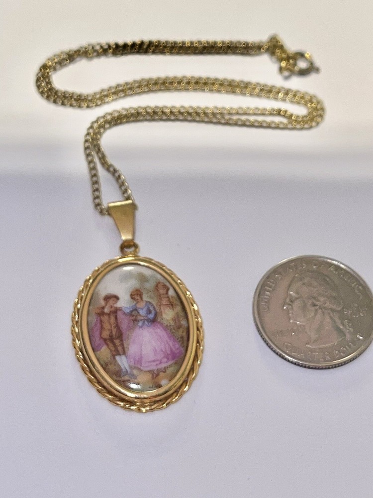 Vintage Mid Century Mod Limoges Courting Couple Lovers Filigree Setting Pendant