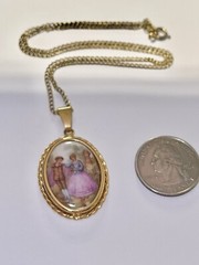 Vintage Mid Century Mod Limoges Courting Couple Lovers Filigree Setting Pendant