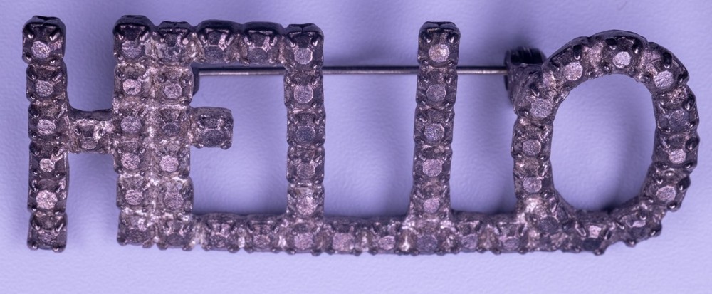 Vintage Rhinestone “HELLO” Word Brooch Pin Silver Tone 45mm Letter Jewelry