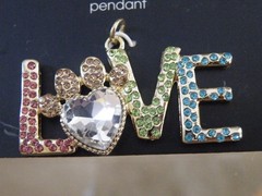 “LOVE” Word PENDANT Gold Tone METAL & Multi Color RHINESTONES Bling