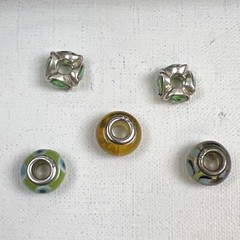 5 Sterling 925 Silver Green Blue White Yellow Glass Murano? Slide Charms