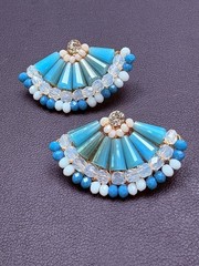 Vintage Aqua Blue Beaded Rhinestone Fan Earrings