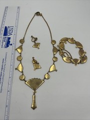 Vintage Amita Damascene Fan Link 3 Piece Set 24k Gold Plated Japan Full Parure