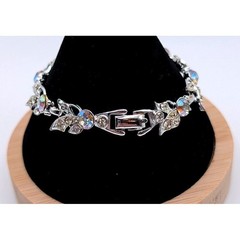 Vintage AB Rhinestone Leaf Bracelet Silver Tone Floral Link Mid Century Jewelry