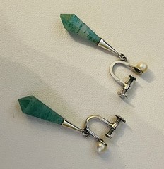 Antique Mother’s 1890’s Screw Back Sterling Silver Green Jade Hexagon Earrings
