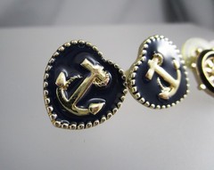 Vintage Nautical Wheel Anchor Navy Blue Black Enamel LOT of 2 Post Earrings 195M