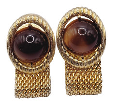 Swank Brown Lucite Tigers Eye Cabochon Center Gold Mesh Wrap Fancy Cufflinks