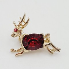 Vintage Red Rhinestone Reindeer Christmas Holiday Rudolph Brooch Pin Tiny 1 inch