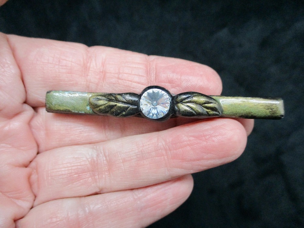Vintage 1990’s Green & Black Lustered w/Rhinestone Artisan Brooch SIGNED