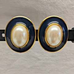 Vintage Monet Black Enamel & Faux Pearl Oval Oversized Clip-On Earrings
