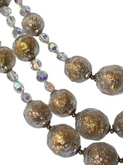 Vintage Mid-Century 3-Strand Beaded Gold Clear AB Acrylic Necklace 15 inch Japan