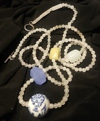 Asian Chinoiserie Bead Necklace & Yellow, Green,White Jade/jadeite, 35″sterling