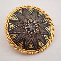 Vintage Miniature Damascene Trombone Clasp Round Domed Pin Brooch