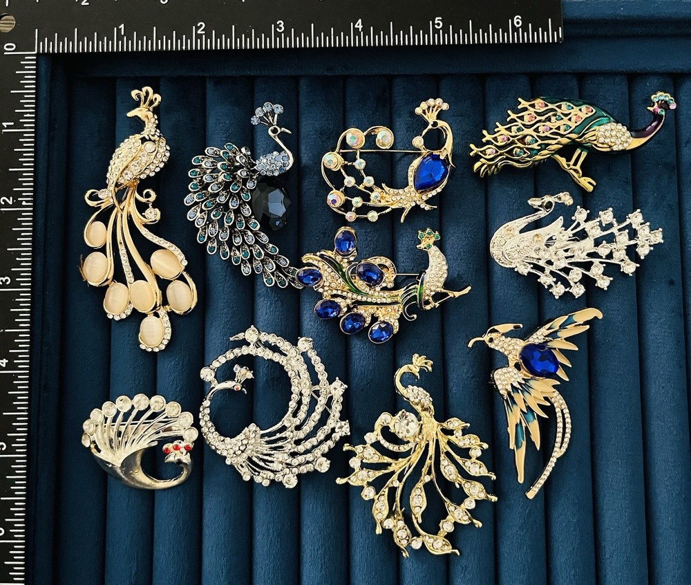 10pc Vintage Style Peacock Brooch Lot Wholesale Crystal Rhinestone Bird Pin Set