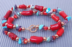 Vintage Red Coral Mulit Gemstone Solid Copper Beaded Necklace 20″