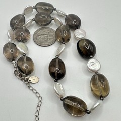 Vintage Chunky Smoky Quartz & Coin Pearl Necklace Sterling Silver Donna Dressler