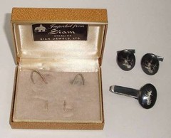 Vintage SIAM STERLING Silver Niello Cufflinks & Tie Clasp In Original Box Sgd BB