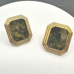 Vintage Geometric Octagon Earrings Gold Tone w/ Marbled Green Centers
