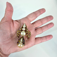 Henry Perichon Baroque Pearl Rhinestone Dangle Brooch Pendant France 1950s-1960s