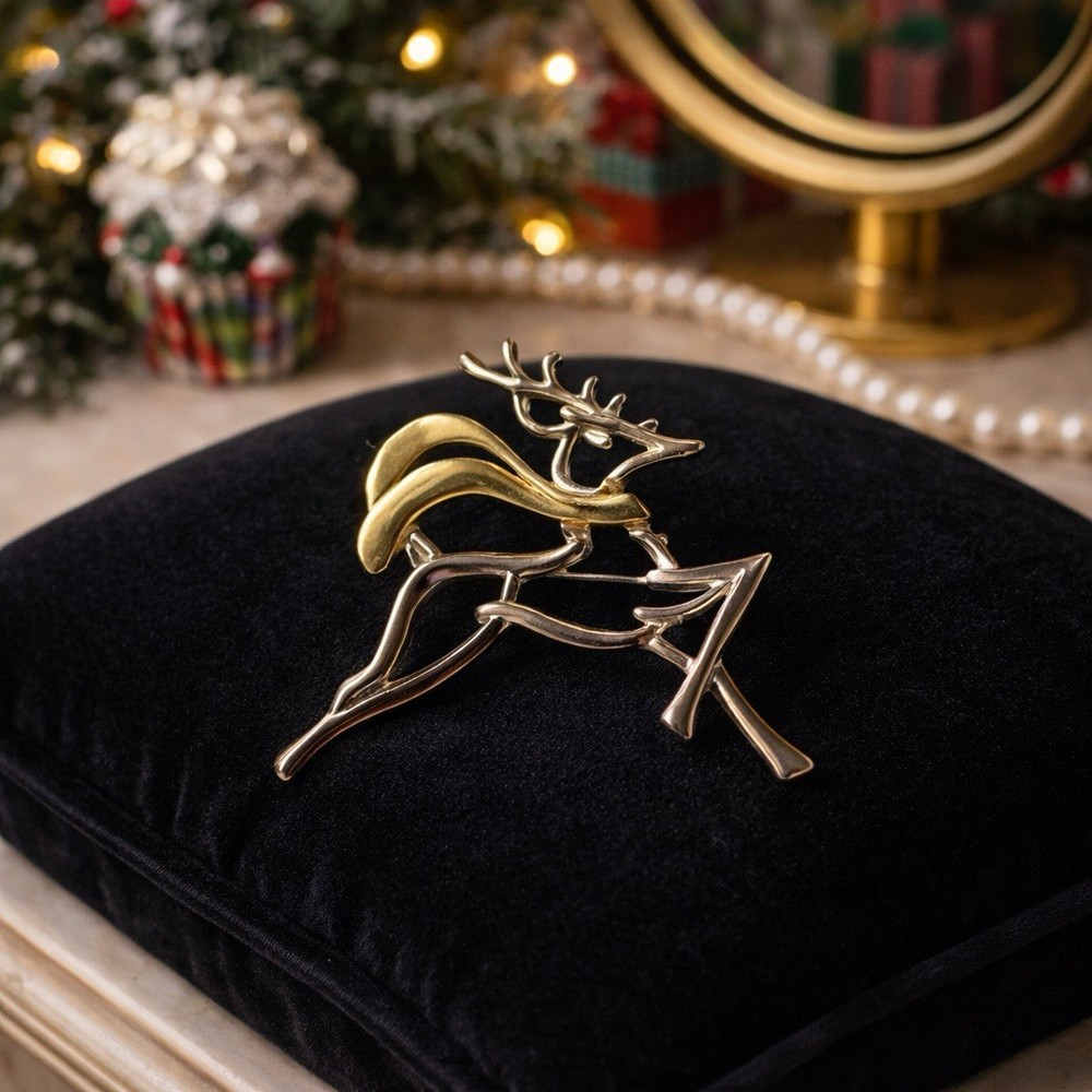 Vintage Running Deer Brooch – Gold & Silver Tone – Reindeer Stag Pin – 2.5”