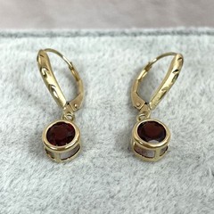 14K Garnet Drop Earrings, Yellow Gold Dangle, Bezel Set Natural Stones, Estate