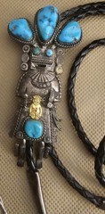 Navajo 4″Sterling&Turquoise Kachina BoloTie w/Golden Billiken Signed Sam WGraves