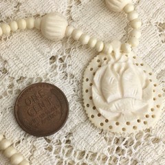 Vintage Necklace 70s Carved Lotus Blossom Pendant Bodhi Zen Buddhist Flower Yoga