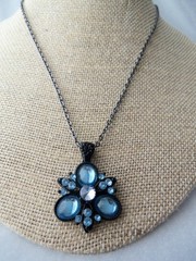 Vintage Sky Blue Rhinestone Cluster Black Enamel Pendant Necklace