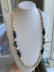 Vintage Bead Necklace Hand Knotted Gemstone Jasper Onyx Cool Stone 33″ VTG