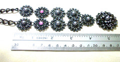 Gray Faux Pearl Clear Pink Rhinestone Pendant Necklace 19″ Black Filigree Metal