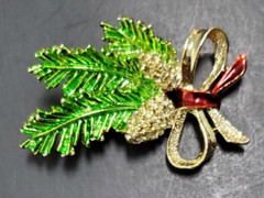 Enamel Pine Cone Fir Branch Bow Holiday Christmas Pin Brooch Gerrys Goldtone 2″
