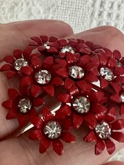 Vintage Red Daisy Flower Brooch Pin Rhinestone Center