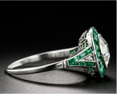 Vintage Art Deco Style Lab Created Diamond & Emerald Engagement 925 Silver Ring