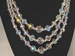 Vintage Crystal AB Glass Clear Iridescent Bead Necklace 3 Strand Collar Bib