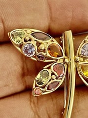 14KT Yellow Gold 2.50CTW Multi Color Gemstones Dragonfly Brooch(FL406)