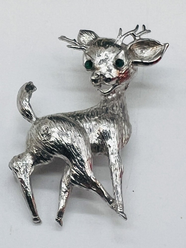 Vintage Reindeer Deer Christmas Pin Brooch Silver Tone Green Eyes Holiday