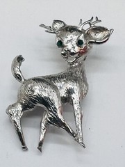 Vintage Reindeer Deer Christmas Pin Brooch Silver Tone Green Eyes Holiday