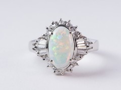 Full Fire Australian Opal with Diamond Halo Platinum Engagement Ring 7g V1159