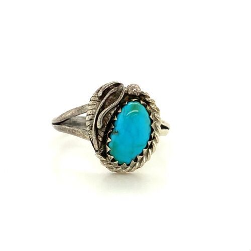 Vintage Sterling Native American Old Pawn Turquoise Stone Feather Ring sz 6 1/4